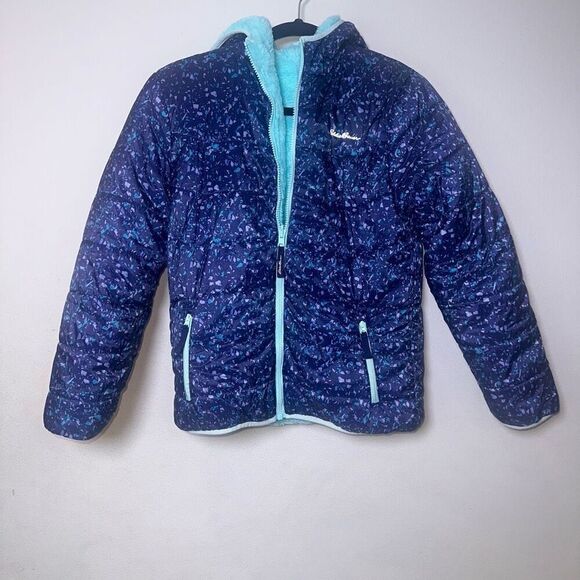 Eddie Bauer Reversible Teddy Fleece Puffer  Nylon Zip-Up Hooded Jacket - Picture 4 of 6